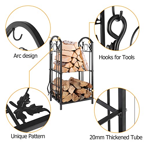 DAWNSPACES Firewood Rack with Fireplace Tools, 30 Inch 2-Tier Outdoor Log Rack Wood Holder Storage, Patio Log Stand, Heavy Duty Log Storage Bin Indoor for Fireplace with Leaves Pattern, Black