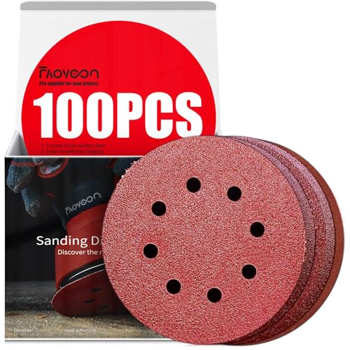 Faoyoon Sanding Disc 5 Inch 8 Hole, 100 Pcs Orbital Sanding Discs Hook and Loop, Sandpaper for Wood, 40 60 80 120 220 Grit Sand Paper for Random Orbital Sander