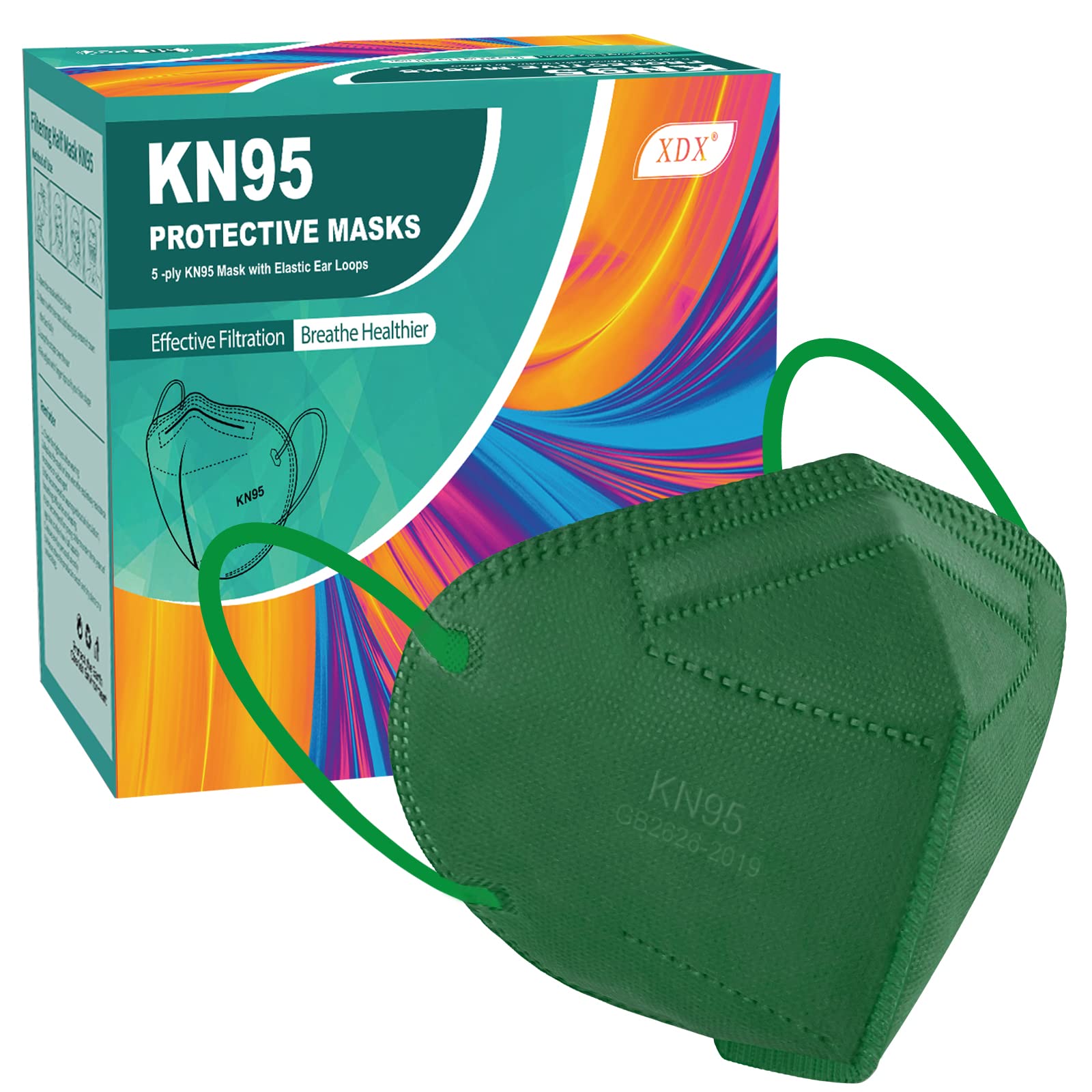 XDX KN95 Face Masks, 50 Pack Individually Wrapped Dark Green Masks for Men and Women, 5 Layers Comfortable Masks Disposable, Filter Efficiency ≥95% (Medium Size)