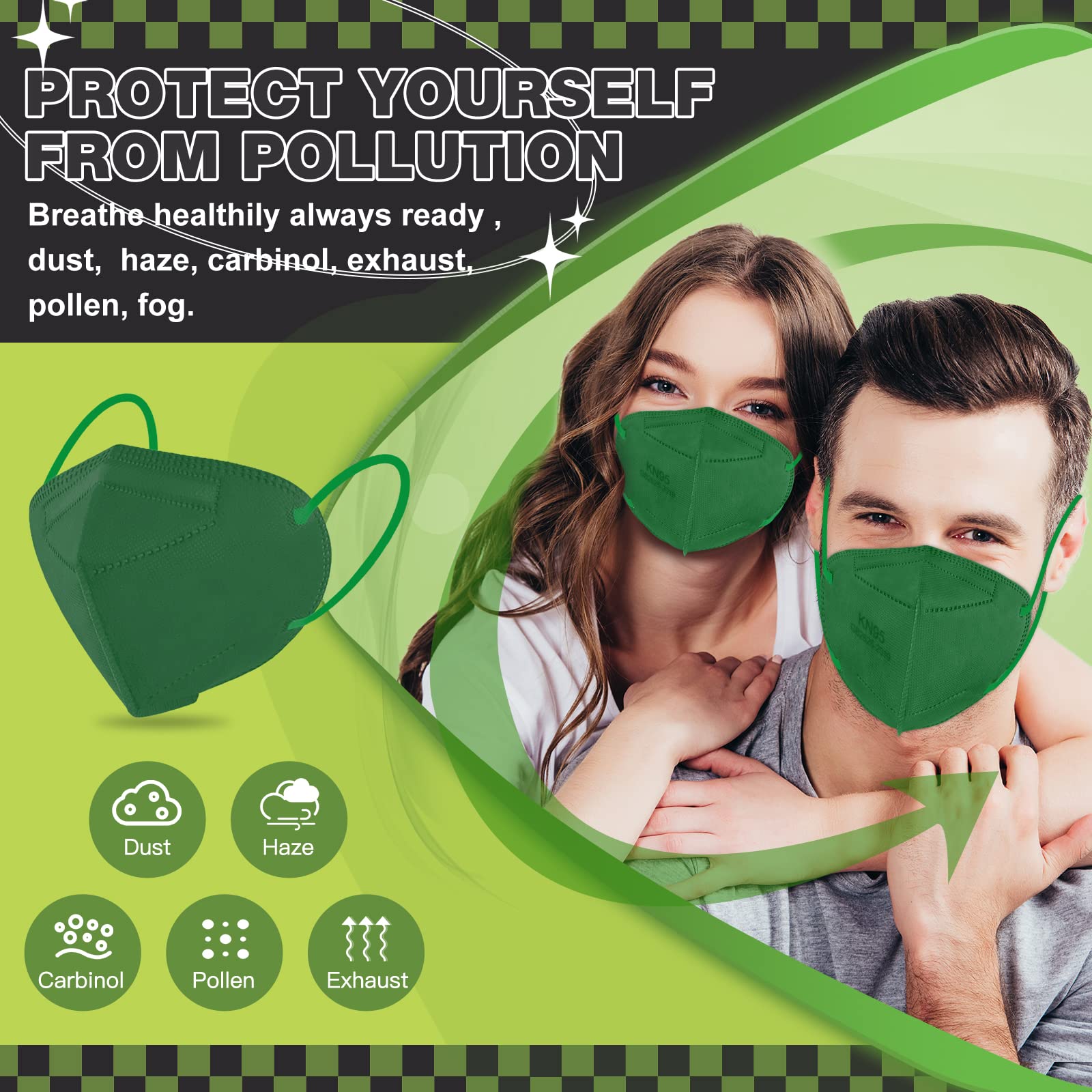 XDX KN95 Face Masks, 50 Pack Individually Wrapped Dark Green Masks for Men and Women, 5 Layers Comfortable Masks Disposable, Filter Efficiency ≥95% (Medium Size)