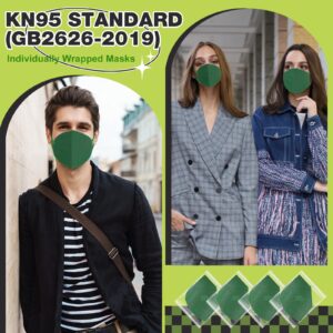 XDX KN95 Face Masks, 50 Pack Individually Wrapped Dark Green Masks for Men and Women, 5 Layers Comfortable Masks Disposable, Filter Efficiency ≥95% (Medium Size)