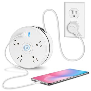retractable power strip, 6ft extension cord retractable power strip surge protector with 4 outlets 2 smart usb ports and hook, portable & neat for travel/home/office (white)