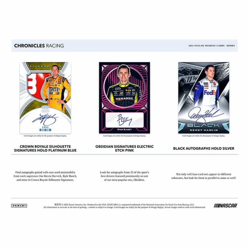 2022 Panini Chronicles Racing Hobby Box (6 Packs/8 Cards: 3 Autos)