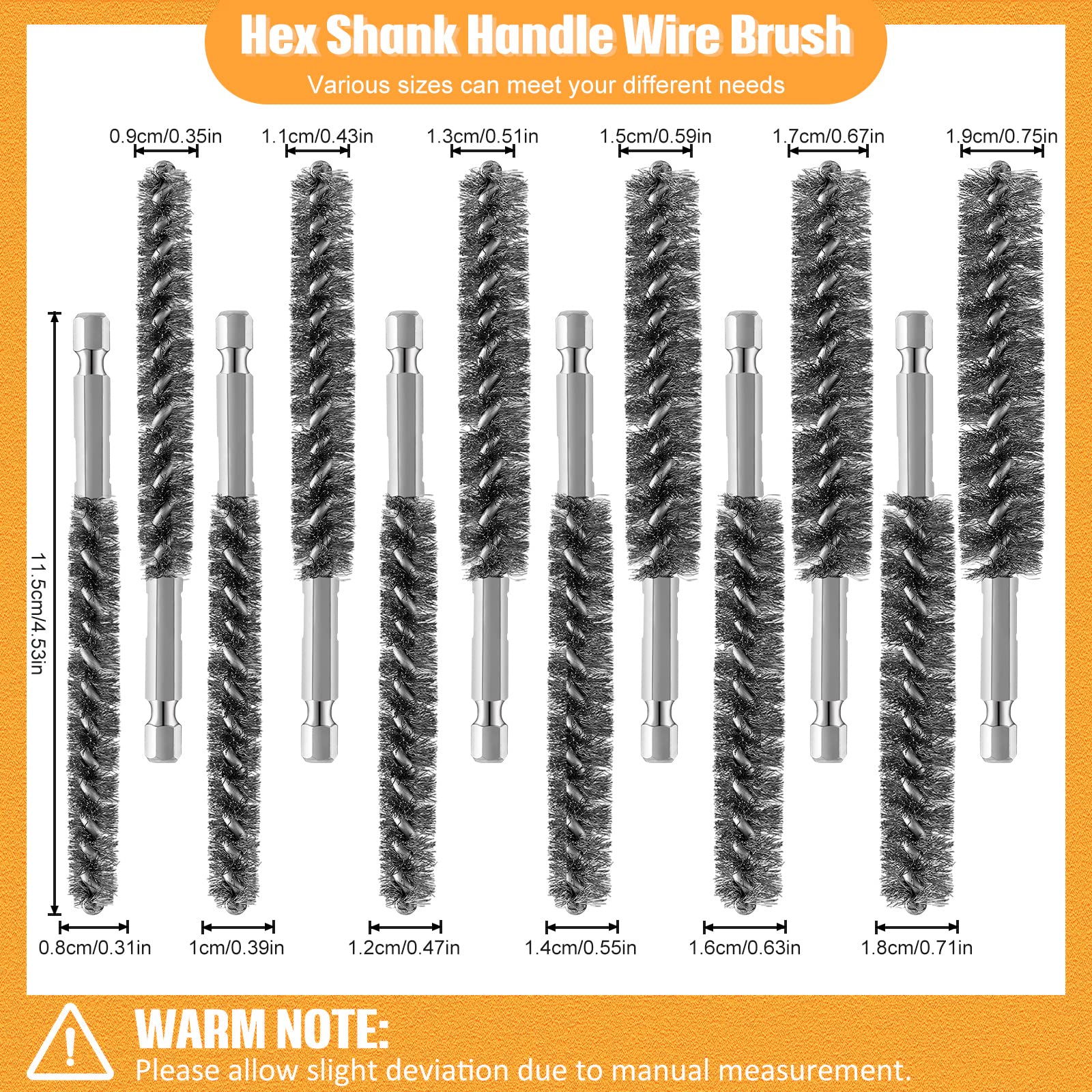 Stainless Steel Bore Brush Stainless Steel Bristles Wire Brush for Power Drill with Hex Shank Handle (0.8 cm,0.9 cm,1 cm,1.1 cm,1.2 cm,1.3 cm,1.4 cm,1.5 cm,1.6 cm,1.7 cm,1.8 cm,1.9 cm, 12 Pcs)