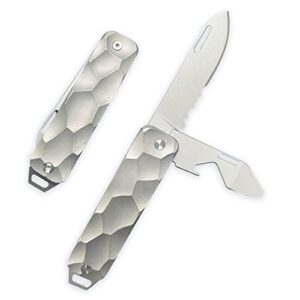 ainhue au001 compact double-bladed folding pocket knife, half-serrated d2 blade, bottle opener, scalloped tc4 titanium handle with a pry bar lanyard. slip joint utility multi-tool edc knives