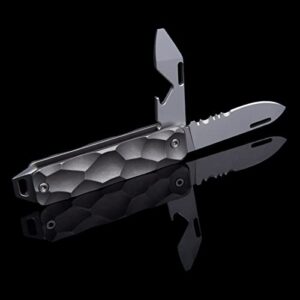 ainhue AU001 Compact Double-bladed Folding Pocket Knife, Half-serrated D2 blade, Bottle Opener, Scalloped TC4 Titanium Handle with a Pry Bar Lanyard. Slip Joint Utility Multi-tool EDC Knives