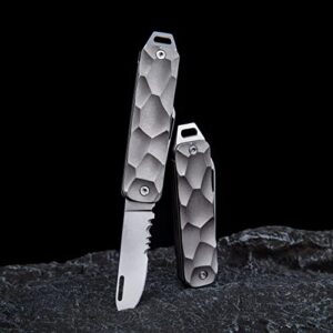 ainhue AU001 Compact Double-bladed Folding Pocket Knife, Half-serrated D2 blade, Bottle Opener, Scalloped TC4 Titanium Handle with a Pry Bar Lanyard. Slip Joint Utility Multi-tool EDC Knives