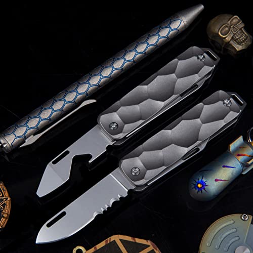 ainhue AU001 Compact Double-bladed Folding Pocket Knife, Half-serrated D2 blade, Bottle Opener, Scalloped TC4 Titanium Handle with a Pry Bar Lanyard. Slip Joint Utility Multi-tool EDC Knives