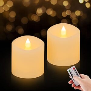 3x3 flickering flameless candles set of 2, 2aa battery life 600 hours battery candles flickering with timer, 3 inch flameless candles with remote for valentines day decorations indoor/outdoor, white