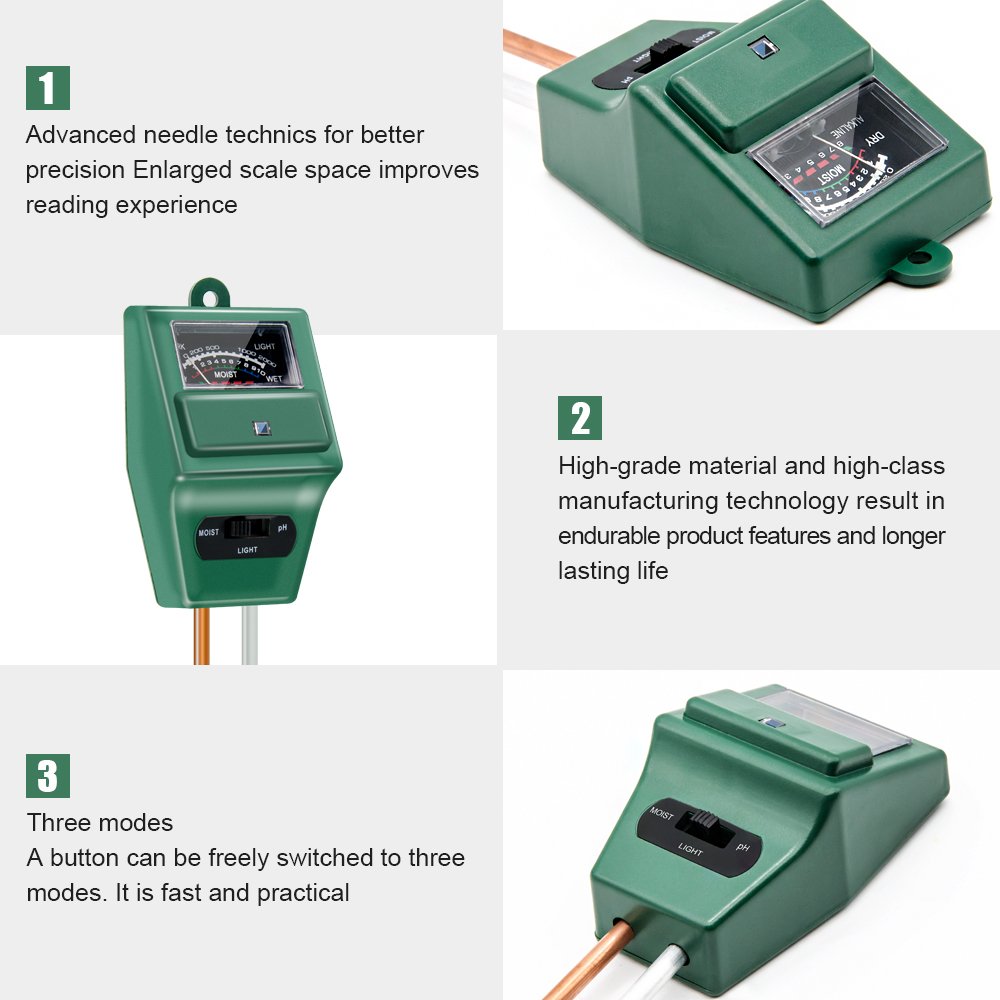 SONKIR Soil pH Meter, MS02 3-in-1 Soil Moisture/Light/pH Tester Gardening Tool Kits for Plant Care, Great for Garden, Lawn, Farm, Indoor & Outdoor Use (Green), 2 Packs