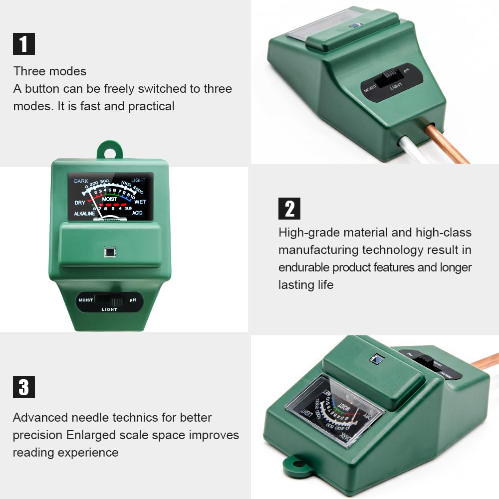 SONKIR Soil pH Meter, MS02 3-in-1 Soil Moisture/Light/pH Tester Gardening Tool Kits for Plant Care, Great for Garden, Lawn, Farm, Indoor & Outdoor Use (Green), 2 Packs