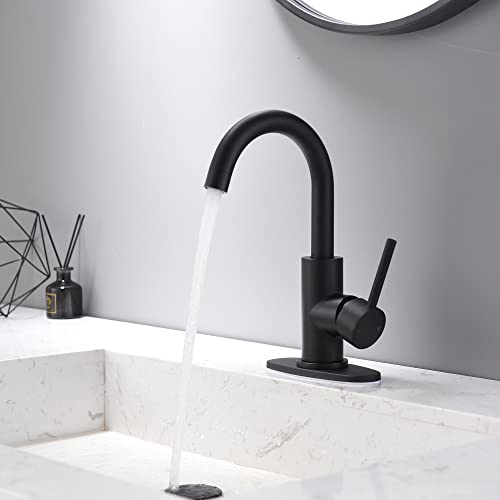 Matte Black Single Handle Bathroom Sink Faucet, 360° Swivel Spout Bar Sink Faucet with Deck Plate 4 Inch Centerset Black Bathroom Faucet with Pop-Up Drain Black Bathroom Lavatory Vanity Faucet