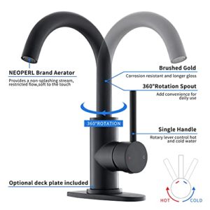 Matte Black Single Handle Bathroom Sink Faucet, 360° Swivel Spout Bar Sink Faucet with Deck Plate 4 Inch Centerset Black Bathroom Faucet with Pop-Up Drain Black Bathroom Lavatory Vanity Faucet