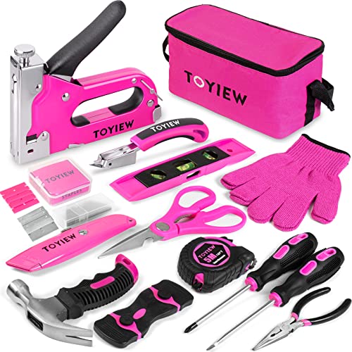 TOYIEW 33Pcs Pink Staple Gun Tool Set with 3 in 1 Upholstery Staple Gun for Wood Heavy Duty and 900 Staples, Perfect for DIY Decoration, Crafts, Carpentry, Arts, Pink Tool Kit Gift for Women