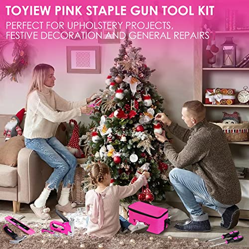 TOYIEW 33Pcs Pink Staple Gun Tool Set with 3 in 1 Upholstery Staple Gun for Wood Heavy Duty and 900 Staples, Perfect for DIY Decoration, Crafts, Carpentry, Arts, Pink Tool Kit Gift for Women