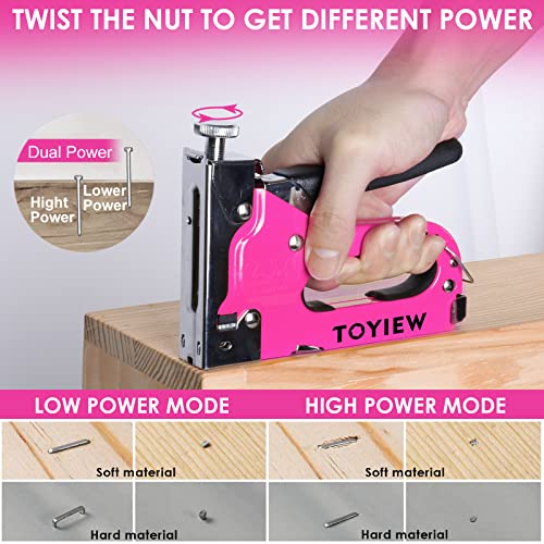 TOYIEW 33Pcs Pink Staple Gun Tool Set with 3 in 1 Upholstery Staple Gun for Wood Heavy Duty and 900 Staples, Perfect for DIY Decoration, Crafts, Carpentry, Arts, Pink Tool Kit Gift for Women