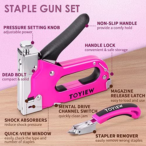 TOYIEW 33Pcs Pink Staple Gun Tool Set with 3 in 1 Upholstery Staple Gun for Wood Heavy Duty and 900 Staples, Perfect for DIY Decoration, Crafts, Carpentry, Arts, Pink Tool Kit Gift for Women