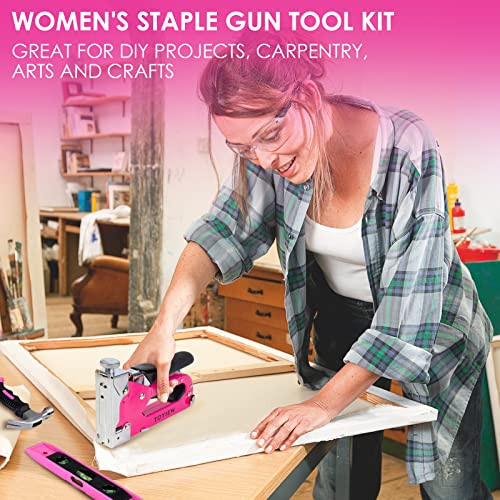 TOYIEW 33Pcs Pink Staple Gun Tool Set with 3 in 1 Upholstery Staple Gun for Wood Heavy Duty and 900 Staples, Perfect for DIY Decoration, Crafts, Carpentry, Arts, Pink Tool Kit Gift for Women