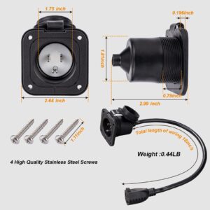 15 Amp Flanged Inlet 125V, NEMA 5-15P Shore Power Inlet Plug with 18“ Integrated Outdoor Extension Cord ETL Certified,with Waterproof Cover, Electrical Extensions for Marine Boat RV Camper