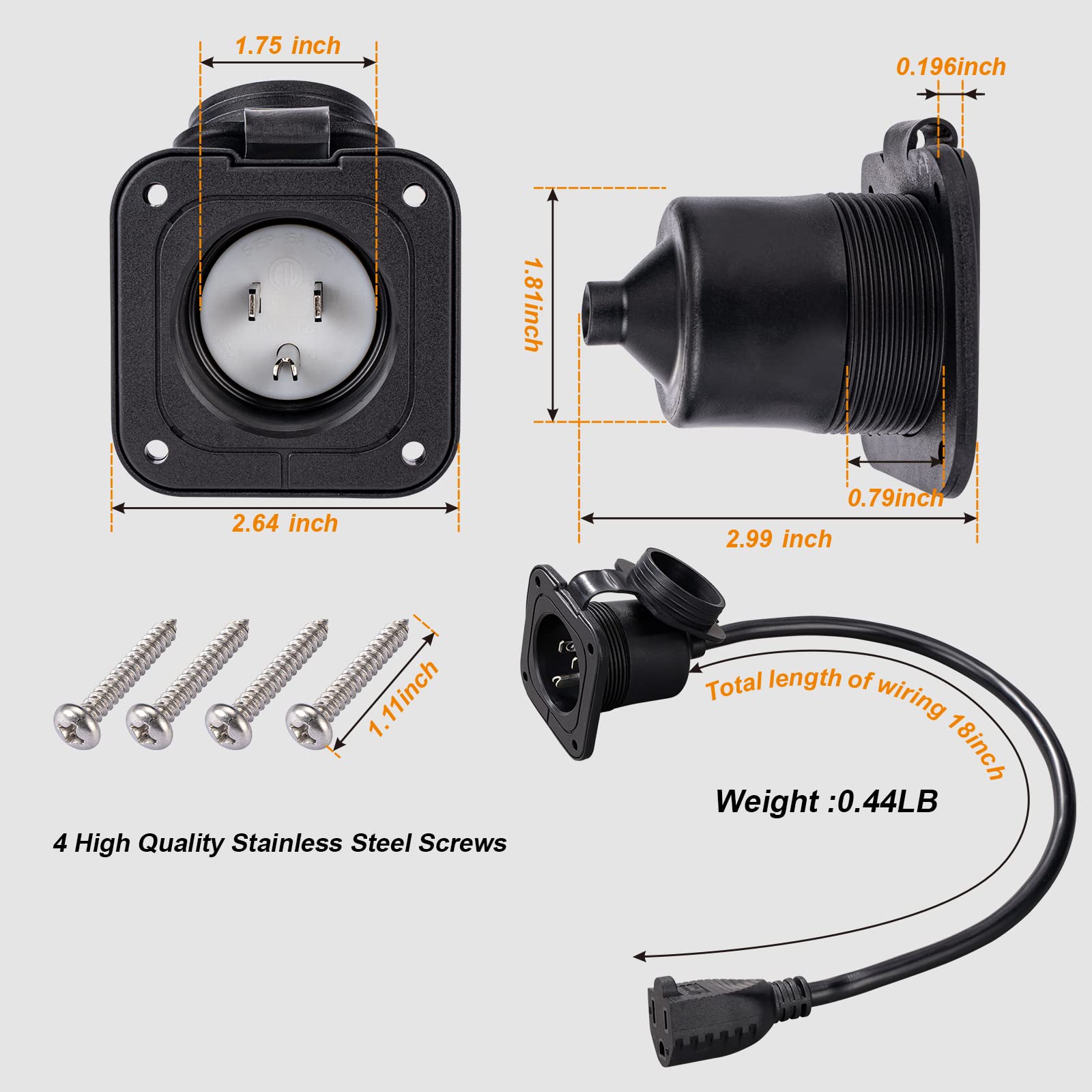 15 Amp Flanged Inlet 125V, NEMA 5-15P Shore Power Inlet Plug with 18“ Integrated Outdoor Extension Cord ETL Certified,with Waterproof Cover, Electrical Extensions for Marine Boat RV Camper