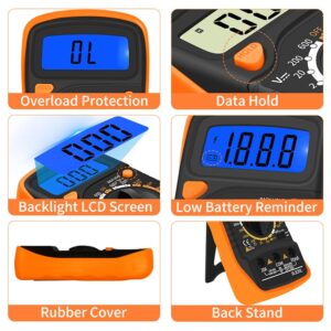 Digital Multimeter,2000 Counts Voltage Tester,Volt Ohm Amp,Multi-Meter Tester AC/DC Voltmeter DC Current, Diode and Resistance,Dual Fused for Anti-Burn, with Test Leads Backlight LCD Screen