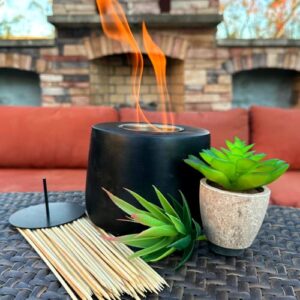 denali firebowls tabletop pit with faux succulents - indoor/outdoor table top patio with s'mores sticks and extinguisher (midnight black firepit), 4x5 in
