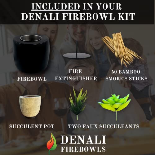 Denali Firebowls Tabletop Pit with Faux Succulents - Indoor/Outdoor Table Top Patio with S'Mores Sticks and Extinguisher (Midnight Black Firepit), 4x5 in