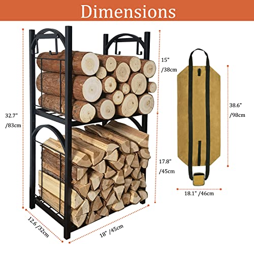 luseiya 2 Tiers Firewood Log Storage Rack with Carrier - Wood Holders, Wood Stacking Rack for Indoor Fireplace or Outdoor Patio for Wood Stove, Hearth, Fire Pit, Black