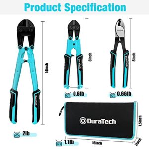 DURATECH 3-Piece Bolt Cutter Pliers Set, 14" Heavy Duty Bolt Cutter, 8" Mini Bolt Cutter, 8" Wire Cable Cutter with Carrying Case, Ergonomic Handle, Cr-V Blade for Bolts, Rivets, Chains, Wires