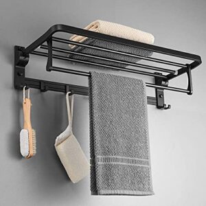 mustorn towel rack wall mount for bathroom with towel bar and hooks 23.6 in foldable towel shelf lavatory towel organizer matte black