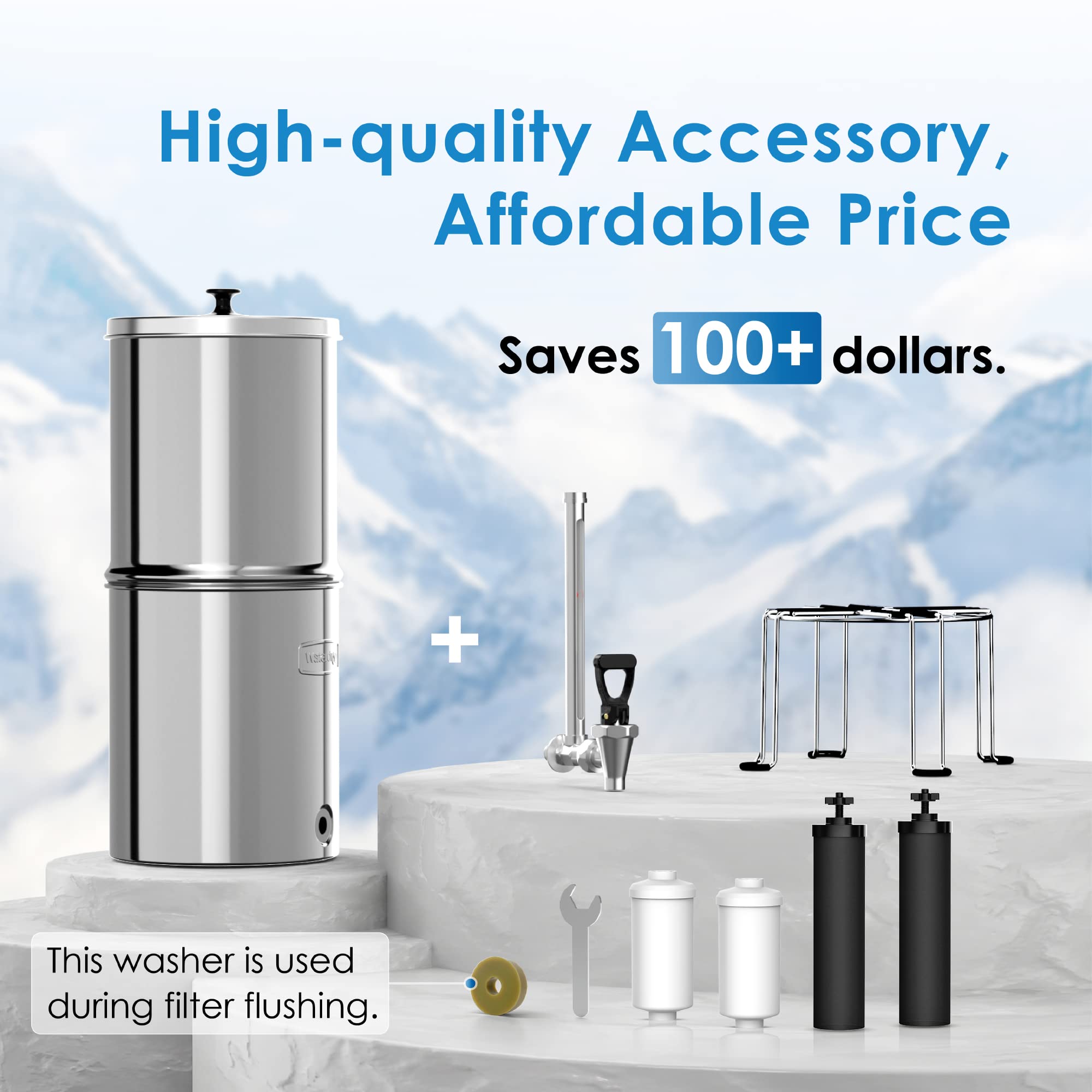 Waterdrop Gravity-fed Water Filter System with 8 Filters, Metal Water Level Spigot and Stand, 2.25G Stainless-Steel System, Reduces Chlorine-King Tank Series