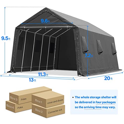 ADVANCE OUTDOOR 13x20 ft Carport 2 Roll up Doors & Vents Outdoor Portable Storage Shelter Garage Tent for Vehicle Boat Truck Anti-UV Snow Resistant Waterproof, Gray