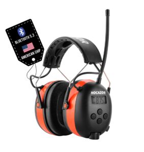 hocazor hp033 bluetooth 5.3 hearing protection am fm radio headphones, 25db nrr noise reduction safety earmuffs with 2000mah rechargeable battery for mowing workshops, orange