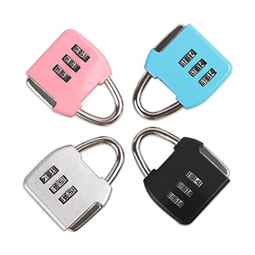 Mini Combination Padlocks, 4pcs Small Zipper Locks with 3 Digits for Diary School Backpack Jewery Box Escape Room, Black Silver Blue Pink