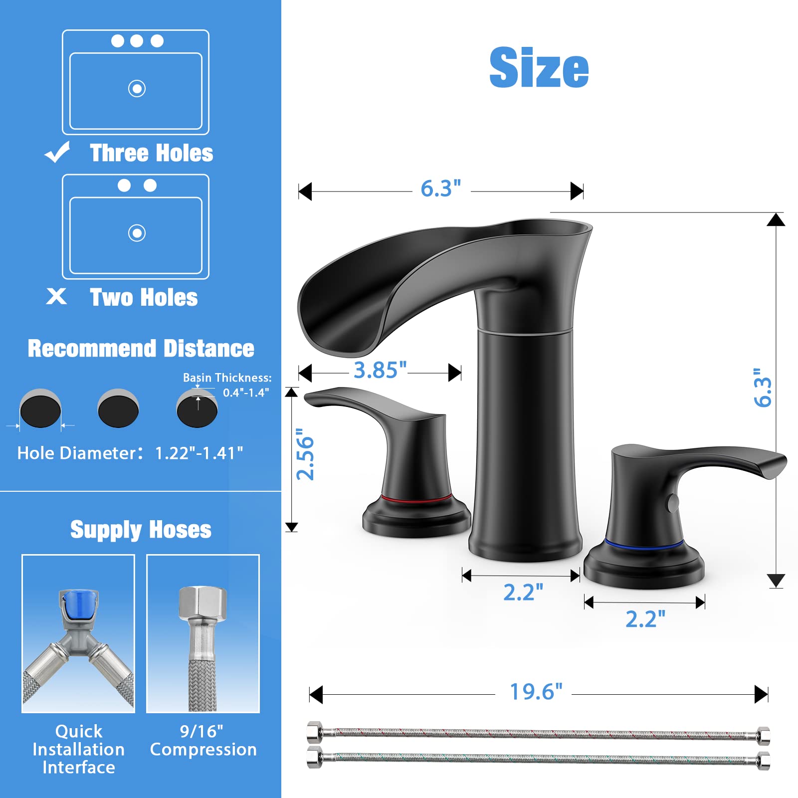 Waterfall Bathroom Faucet, WaterSong 3-Hole 8 Inch Bathroom Sink Faucet for 360-Degree rRotation, 2-Handle Vanity Faucets with Supply Lines, Widespread Spout Faucet for RV Bathroom Sink, Matte Black