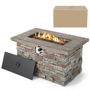 giantex propane fire pit table - 2-in-1 outdoor rectangle fire table w/volcanic rock & pvc cover, stainless steel burner, 50,000 btu heat output, faux stone surface, 43.5” gas fire pits for outside