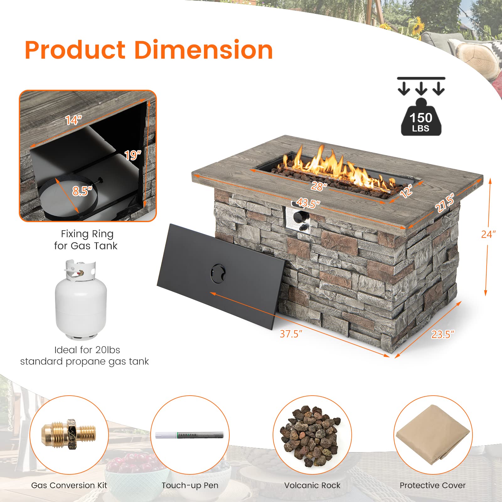 Giantex Propane Fire Pit Table - 2-in-1 Outdoor Rectangle Fire Table W/Volcanic Rock & PVC Cover, Stainless Steel Burner, 50,000 BTU Heat Output, Faux Stone Surface, 43.5” Gas Fire Pits for Outside