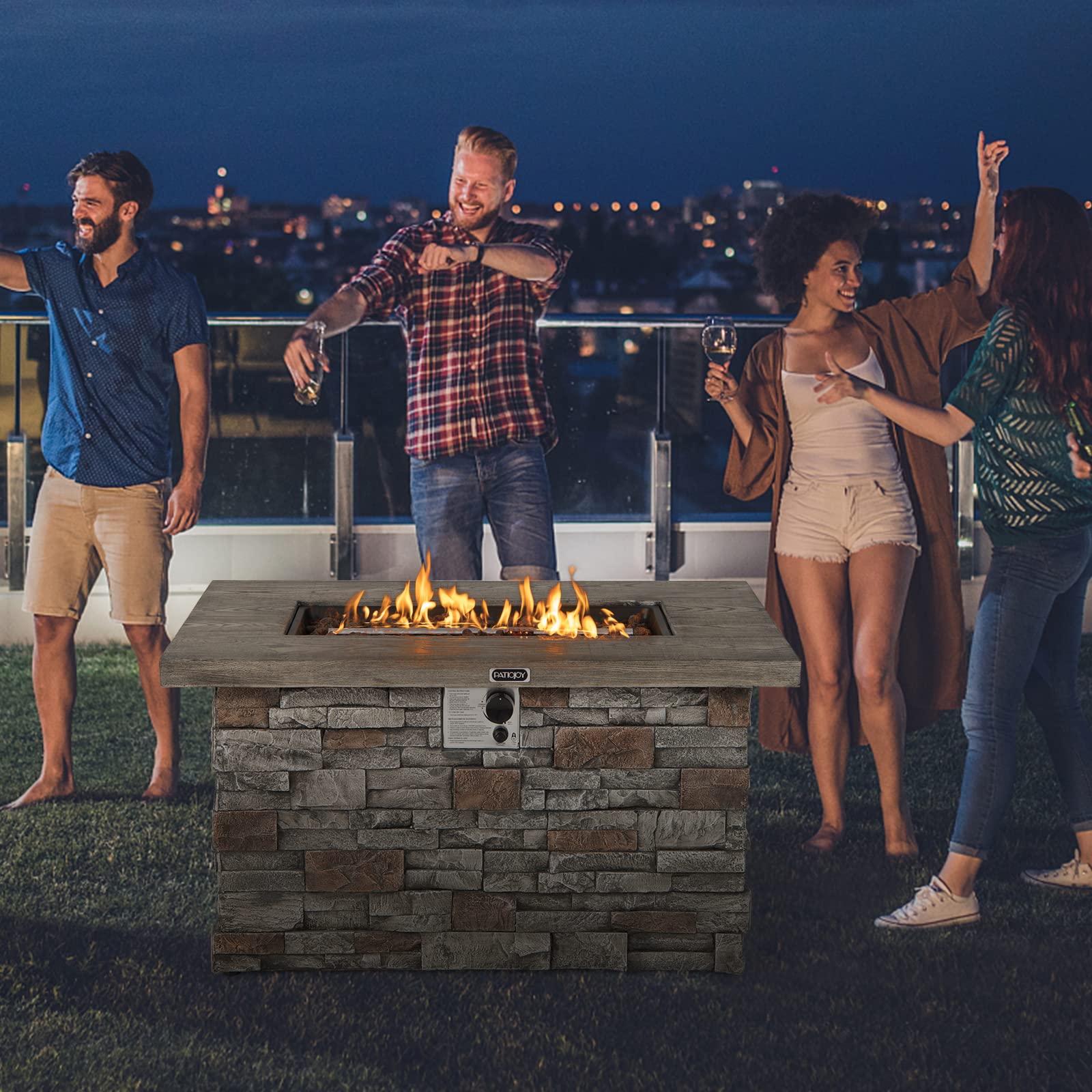 Giantex Propane Fire Pit Table - 2-in-1 Outdoor Rectangle Fire Table W/Volcanic Rock & PVC Cover, Stainless Steel Burner, 50,000 BTU Heat Output, Faux Stone Surface, 43.5” Gas Fire Pits for Outside