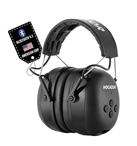 Hocazor HZ07 Upgrade Bluetooth 5.3 Hearing Protection - NRR 25dB Noise Cancelling Earmuffs 40 Hours+ Playing Time with 1500mAh Rechargeable Battery for Mowing, Workshops, Black