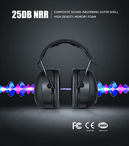 Hocazor HZ07 Upgrade Bluetooth 5.3 Hearing Protection - NRR 25dB Noise Cancelling Earmuffs 40 Hours+ Playing Time with 1500mAh Rechargeable Battery for Mowing, Workshops, Black