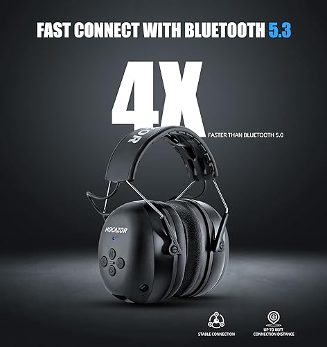 Hocazor HZ07 Upgrade Bluetooth 5.3 Hearing Protection - NRR 25dB Noise Cancelling Earmuffs 40 Hours+ Playing Time with 1500mAh Rechargeable Battery for Mowing, Workshops, Black