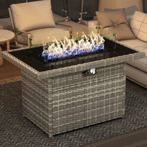 propane fire pit table, 44" outdoor gas fire pit with glass wind guard & waterproof cover