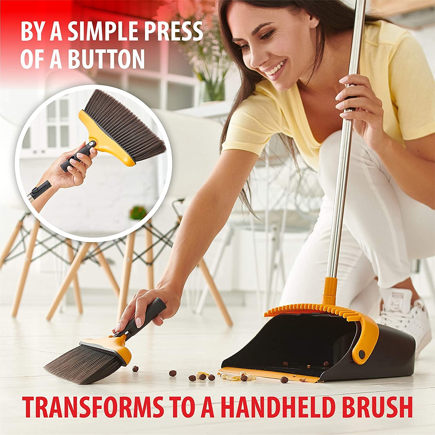 Broom and Dustpan Set with Long Handle - Kitchen Brooms and Stand Up Dust Pan Magic Combo Set for Home - Lobby Broom with Rotation Head and Standing Dustpan for Floor Cleaning