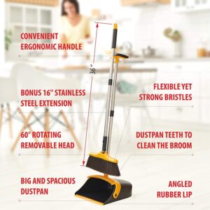 Broom and Dustpan Set with Long Handle - Kitchen Brooms and Stand Up Dust Pan Magic Combo Set for Home - Lobby Broom with Rotation Head and Standing Dustpan for Floor Cleaning