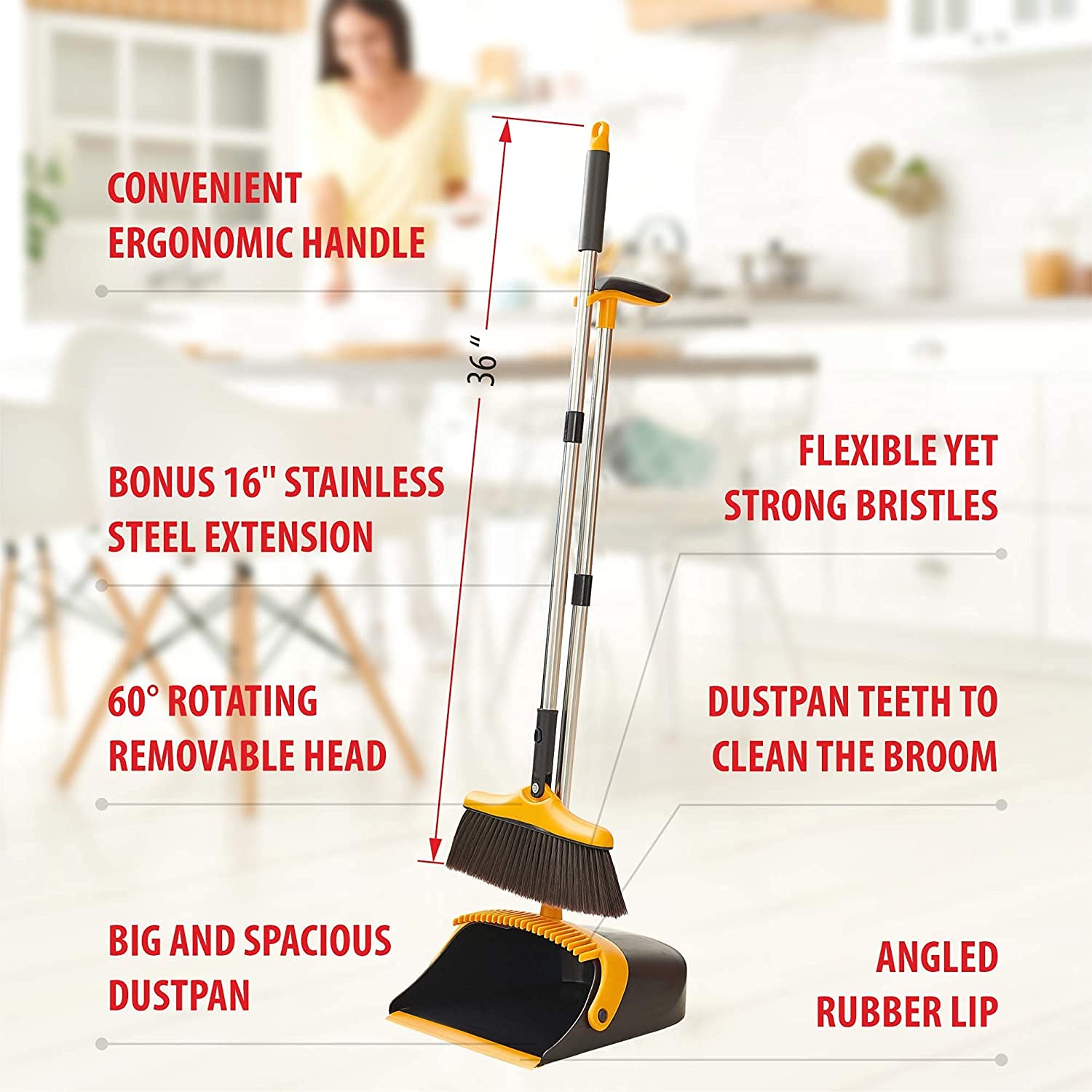 Broom and Dustpan Set with Long Handle - Kitchen Brooms and Stand Up Dust Pan Magic Combo Set for Home - Lobby Broom with Rotation Head and Standing Dustpan for Floor Cleaning