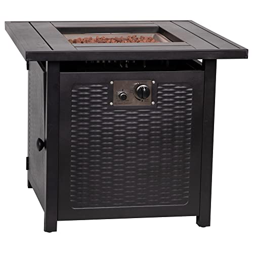 Flash Furniture Olympia 50,000 BTU Outdoor Propane Gas Fire Pit Table - Black Stainless Steel Tabletop and Steel Wicker Detail Base - 28" Square - Included Lava Rocks