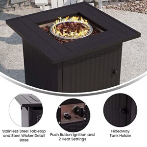 Flash Furniture Olympia 50,000 BTU Outdoor Propane Gas Fire Pit Table - Black Stainless Steel Tabletop and Steel Wicker Detail Base - 28" Square - Included Lava Rocks