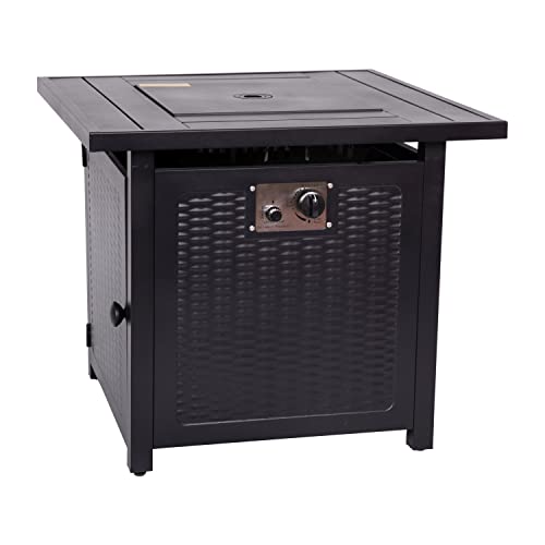 Flash Furniture Olympia 50,000 BTU Outdoor Propane Gas Fire Pit Table - Black Stainless Steel Tabletop and Steel Wicker Detail Base - 28" Square - Included Lava Rocks