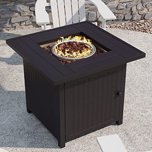 Flash Furniture Olympia 50,000 BTU Outdoor Propane Gas Fire Pit Table - Black Stainless Steel Tabletop and Steel Wicker Detail Base - 28" Square - Included Lava Rocks