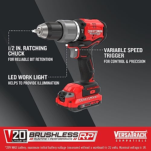 CRAFTSMAN V20 Cordless Hammer Drill Kit, 1/2 inch, 2 Batteries and Charger Included (CMCD732D2)